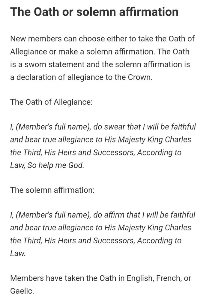Screenshot from NS legislature website:
 
The Oath or solemn affirmation
New members can choose either to take the Oath of Allegiance or make a solemn affirmation. The Oath is a sworn statement and the solemn affirmation is a declaration of allegiance to the Crown.

The Oath of Allegiance:

I, (Member's full name), do swear that I will be faithful and bear true allegiance to His Majesty King Charles the Third, His Heirs and Successors, According to Law, So help me God.

The solemn affirmation:

I, (Member's full name), do affirm that I will be faithful and bear true allegiance to His Majesty King Charles the Third, His Heirs and Successors, According to Law.

Members have taken the Oath in English, French, or Gaelic.