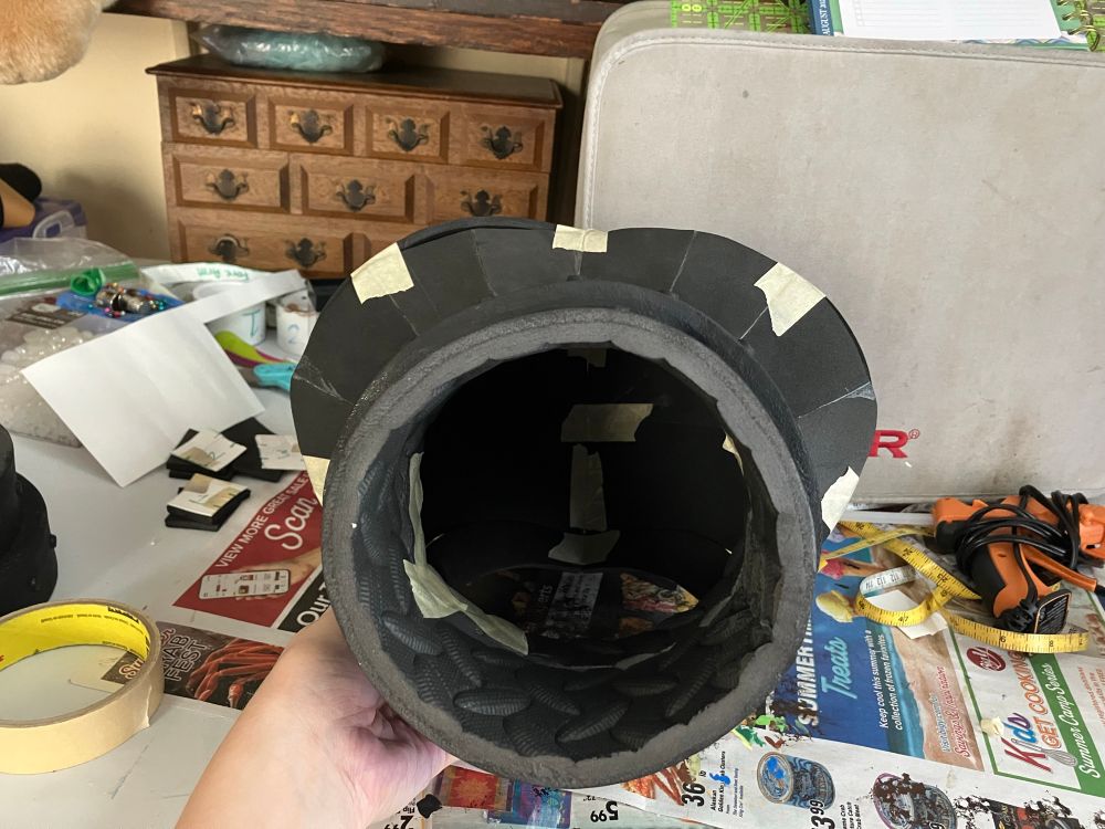 Fina fantasy 7 rebirth gilgamesh cosplay wip 
Foam patterning with masking tape