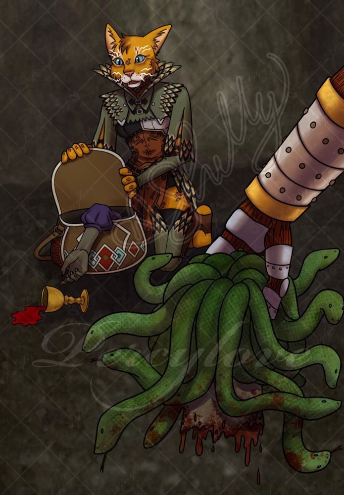 Artwork of a Tabaxi holding open a Bag of Holding (with an arm hanging out, dropped wine goblet)
Arm of a Warforged carries a beheaded gorgon to put into the Bag of Holding
