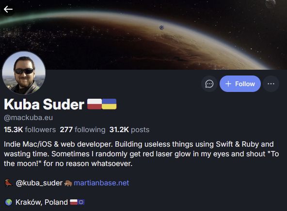 Screenshot of the top of the profile @mackuba.eu showing how it is displayed in Firefox on Windows
