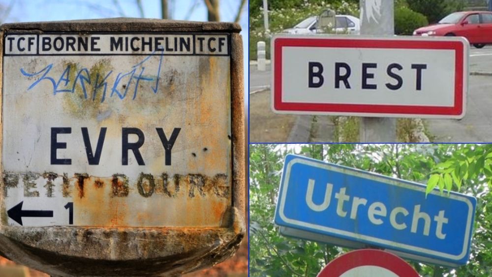Panneaux d'entrée des villes d'Evry, Brest et Utrecht 