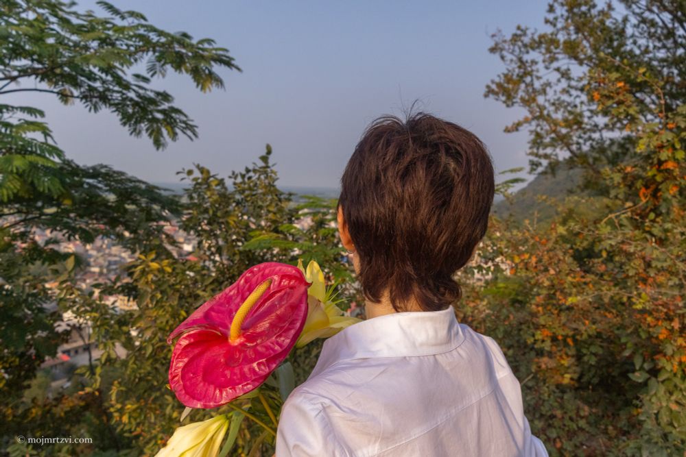 Portrait with head slightly tilted, red flower next to cheek, a quiet confidence in her expression.