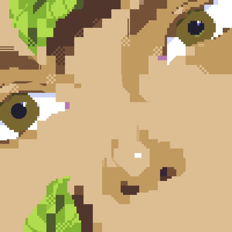 a pixel art rendering of a woman among some leaves. it's extremely close cut on her face. The piece uses a technique called "mixels", which includes (in this case) 1x, 4x, and 16x sized pixels in the final image. This piece uses the DB32 palette.