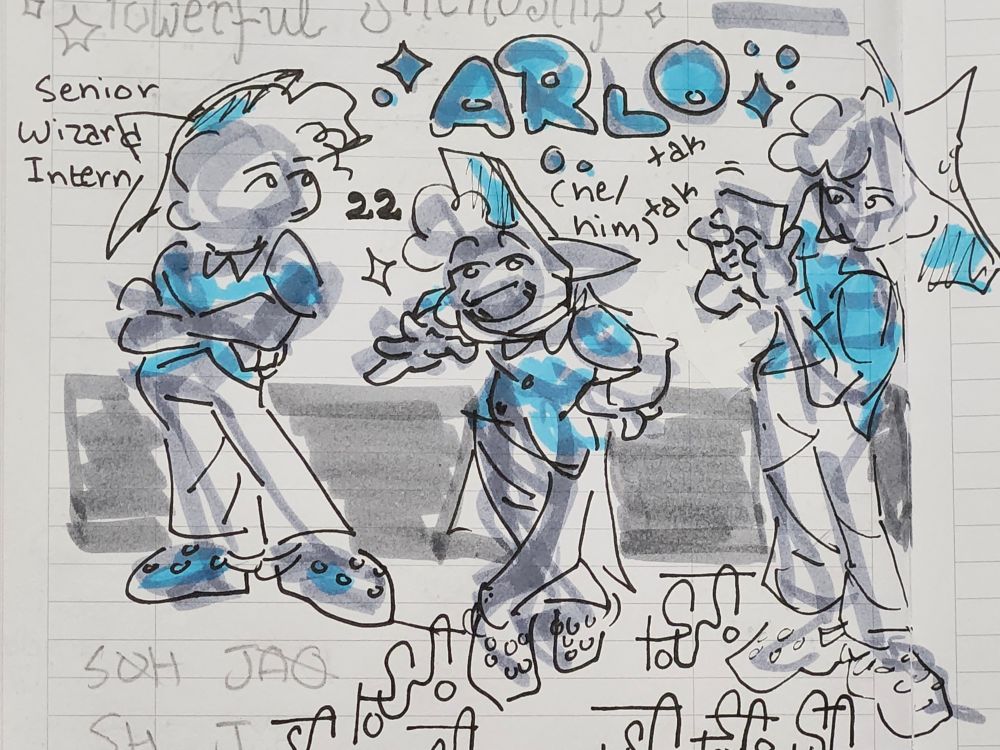 A page of doodles featuring an original character named Arlo. It indicates that he's a "senior wizard intern" and that he uses he and him pronouns. He wears a pointed wizard hat, a short sleeve shirt, and crocs. His playful and nonchalant demeanor shows through the drawings. Black pen is used along with blue and grey markers.