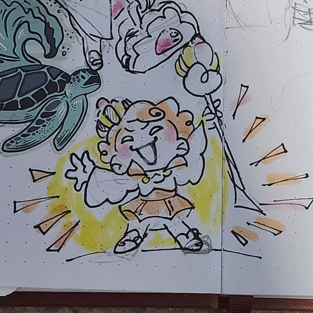 A doodle of Custard Cookie III from the mobile game, Cookie Run Kingdom. He's a little boy with curly hair, holding a scepter and adorning a royal crown. He's proudly giving our orders.