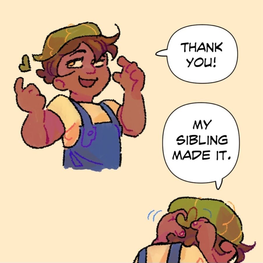 A drawing in response to the previous screenshot. Lemon, the characree mentioned says "Thank you!" They move to untie their green leaf bandana. "My siblings made it." he contines.