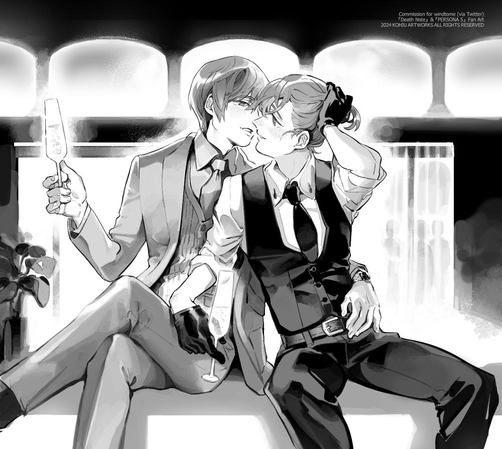 A black/white digital painting of two characters: Kagami Light (from Death Note) on the left, and Goro Akechi (from Persona 5) on the right. Away from a formal party in the background, the couple are having an intimate moment together. Each of them holding champagne glasses, leaning in and ready for a kiss.