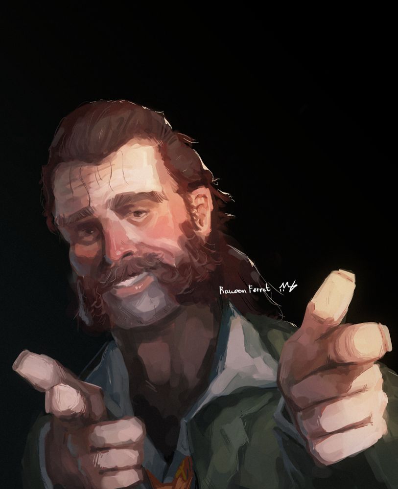 A portrait of harry du bois from disco elysium doing finger guns at the camera. Also I probably haven't seen this character this clean, ever.