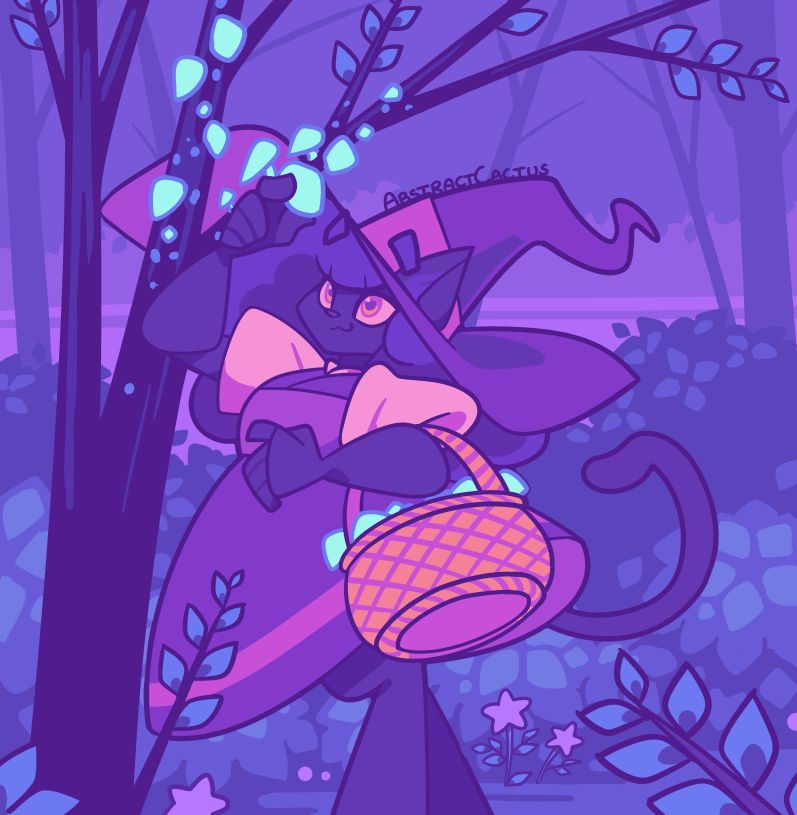 A digital drawing of a witch cat happily picking glowing mushrooms off of a tree in the forest, it's dark and somewhat moody.