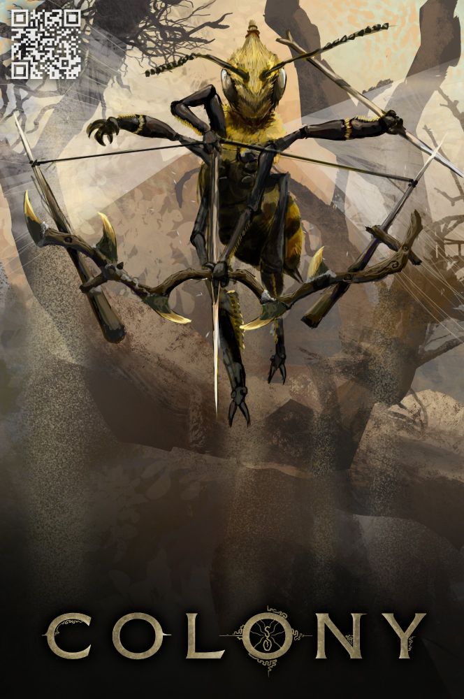 Anthropomorphized bee, hovering in the air, drawing a bow made from thorny twigs