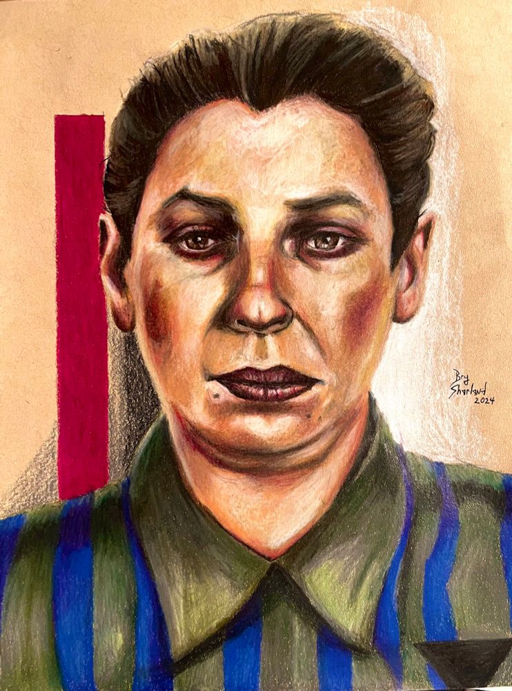 Henny Schermann was born Feb. 19, 1912.  While gay men were more directly targeted by the Nazis, lesbians were considered undesirable as they weren’t adding to the German population and would sometimes be arrested and forced to wear the black triangle for “asocials.” As a lesbian Jew, she refused to adopt the forced “Sara” middle name that female Jews were supposed to use.  She regularly spent time at lesbian bars in Frankfurt and was eventually arrested and sent to Ravensbrück concentration camp.  Eugenics Dr. Friedrich Mennecke labeled the back of her prisoner photo as a “licentious lesbian.” After two years in Ravensbrück she was sent to Bernburg Euthanasia Center and the gas chamber on May 30, 1942 at the age of 30. Other lesbian prisoners and asocials were also murdered at this center.  Her mother, sister, and brother all were murdered as well. Prismacolor pencils on 9 x 12” paper. 
#art #pinktriangleportraits #blacktriangle #holocaustremembrance #gayart #lgbtart #hennyschermann