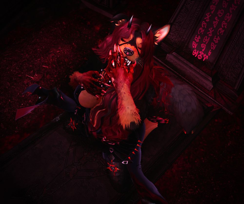 A demonic german shepherd/husky mixed anthro gal. She has scarlet hair with a black streak running through it, and two black horns poking from her forehead. She is crouching over a grave with closed eyes, shoving a heart into her mouth, sinking her teeth into it. She is wearing a tight latex outfit, adorned with spikes, buckles and skull charms. She has blood running down her chest and hands.
