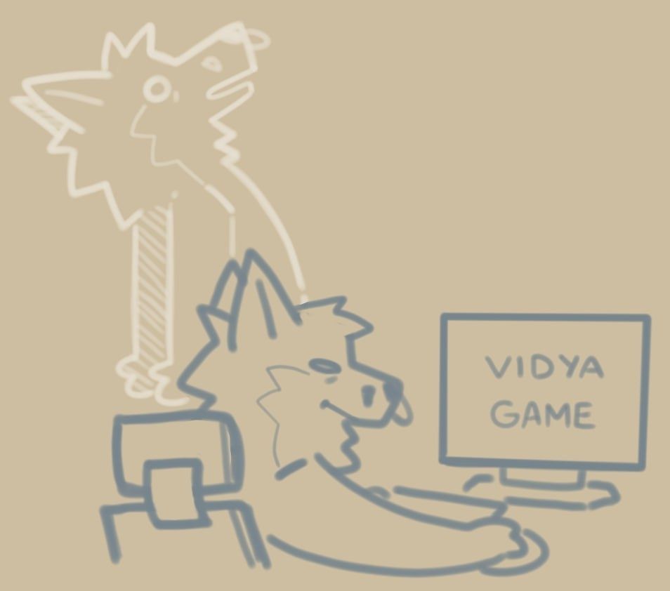 A sketch of a fox Anthro at a computer, the screen says "VIDYA GAME"
The Fox's soul is leaving their body. It's a metaphor for dissociation.
