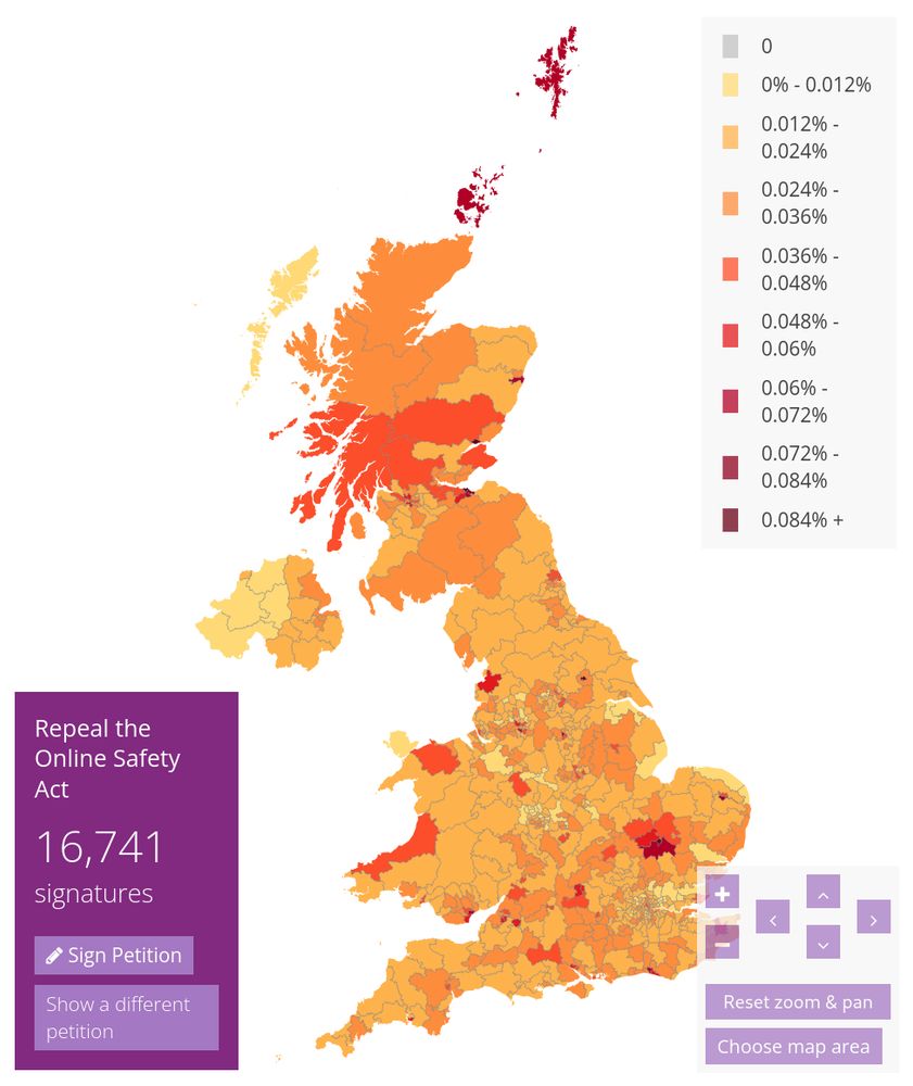 A heat-map of the UK, showing support for a petition to Repeal the Online Safety Act by parliamentary constituency. Scotland is notably more opposed than England, and, in particular, come Scottish rural and remote rural constituencies are more opposed than any English rural constituencies.
