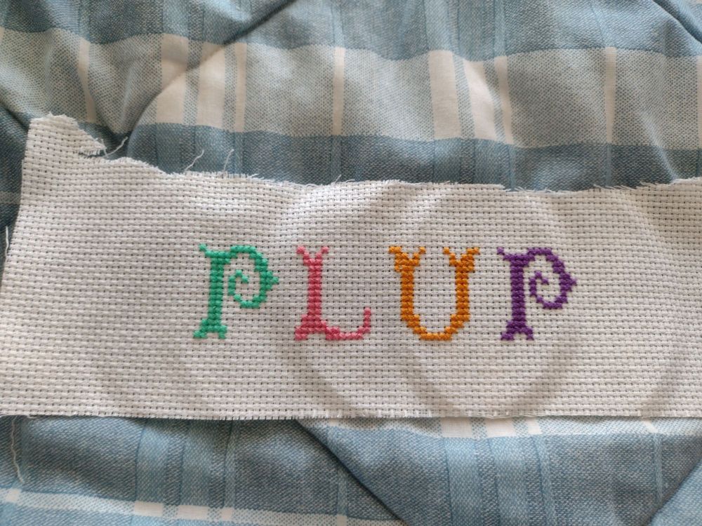 On a rectangle of aida cloth, PLUP is embroidered in different colors