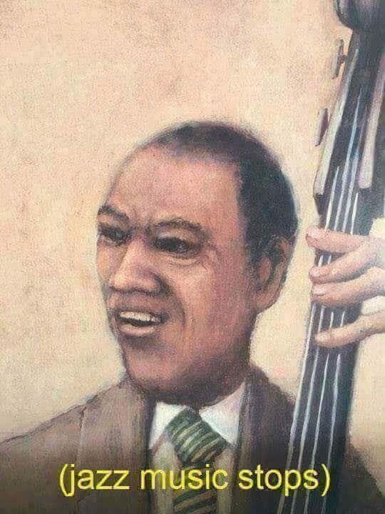 A painting of a black cello player with a kind of disgustedly shocked expression and the caption: (jazz music stops)