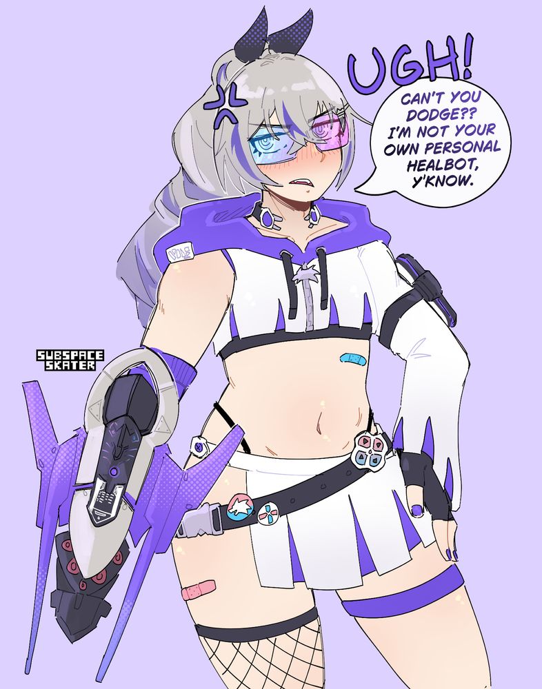 art of silver wolf in a mix between a whitemage outfit and her normal outfit and samsung collab outfit. 

"UGH! Can't you dodge?? I'm not your own personal healbot, y'know."