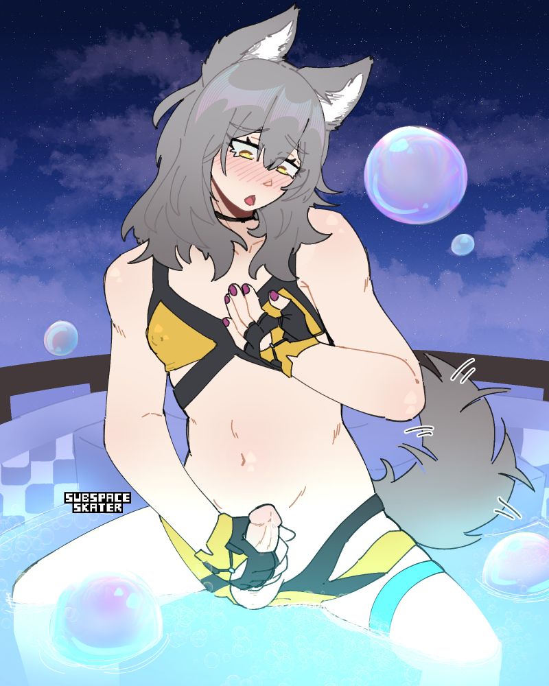 art of stelle honkai star rail sitting in the pool on the radiant feldspar while jerking off.