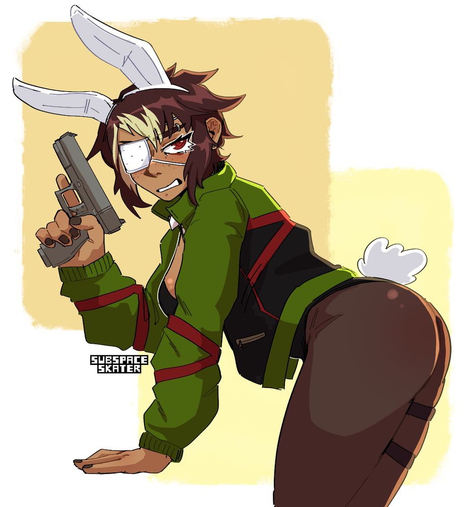 art of farah reyes from of the devil in her jacket and the bunnysuit from the one phone charm. she's holding a gun and looking at the viewer.