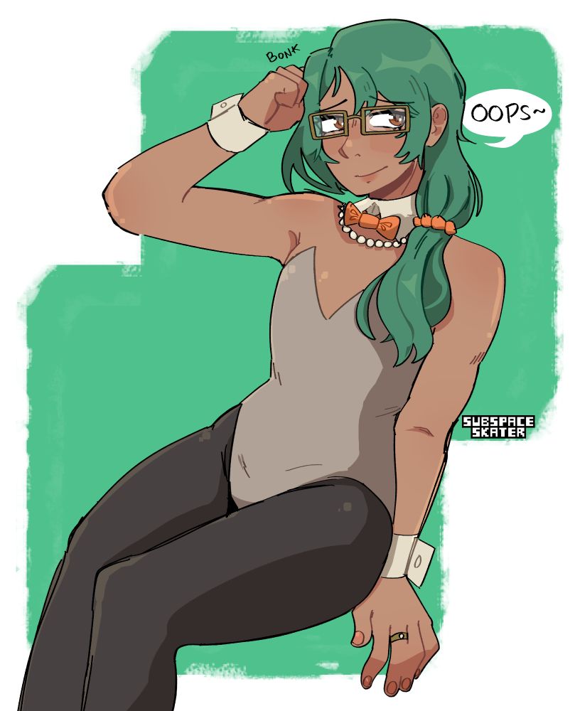 art of david ashur from of the devil. he's wearing a bunny suit, saying "oops", and bonking himself in the head like an anime girl