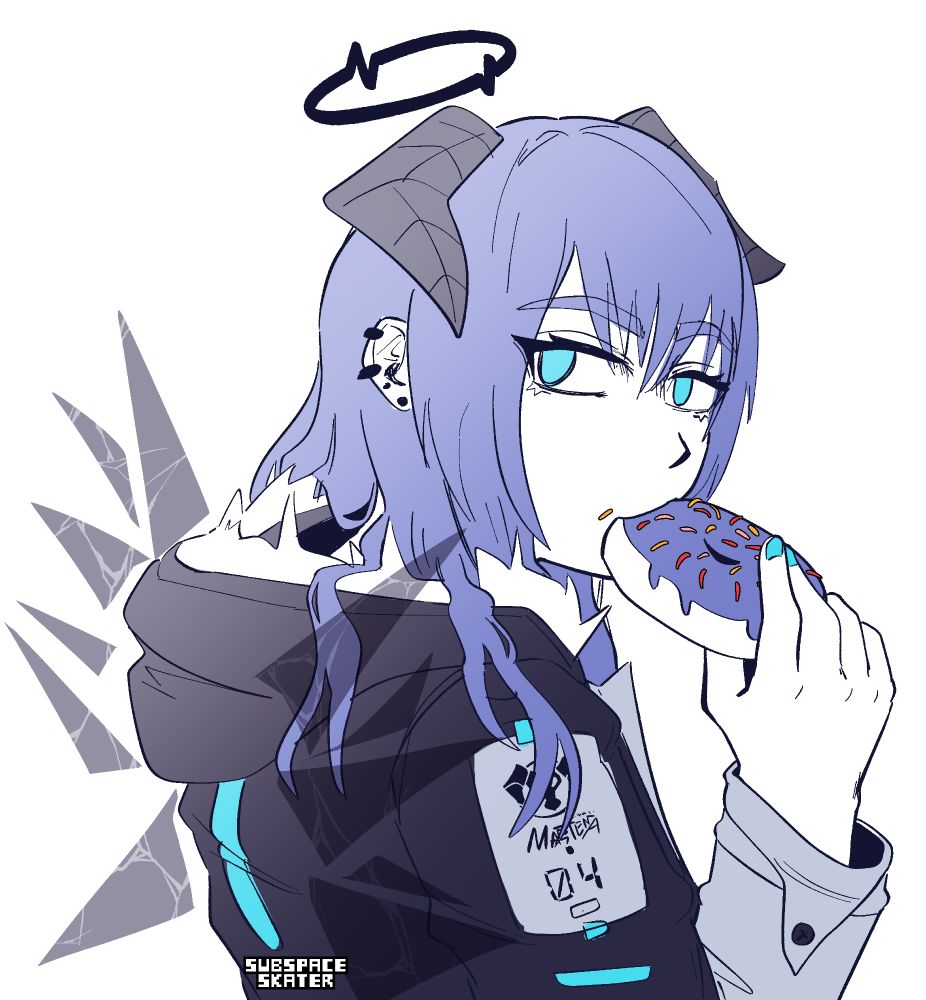 art of mostima eating a donut with red orange and pink sprinkles