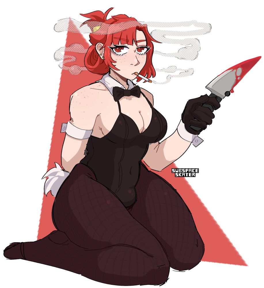 art of morgan from of the devil in a bunny suit, with a cigarette in her mouth, and holding a knife covered in blood.