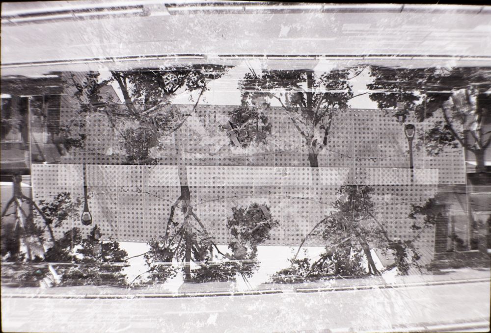 Dual exposure image of a street side view of a building