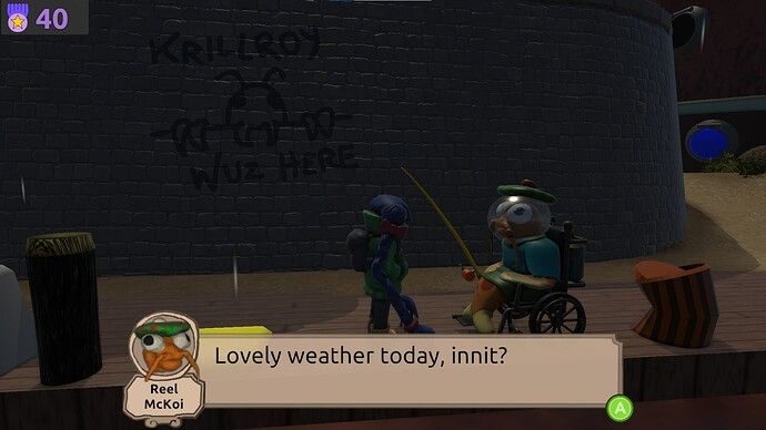 video game screenshot: a girl with prehensile braids is talking to a goldfish in a wheelchair. Dialog UI says "Reel McKoi: Lovely weather today, innit?"