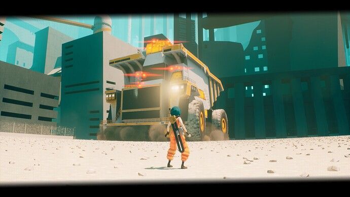 video game screenshot: a girl in an orange jumpsuit in the foreground, a giant pickup truck boss in the bg