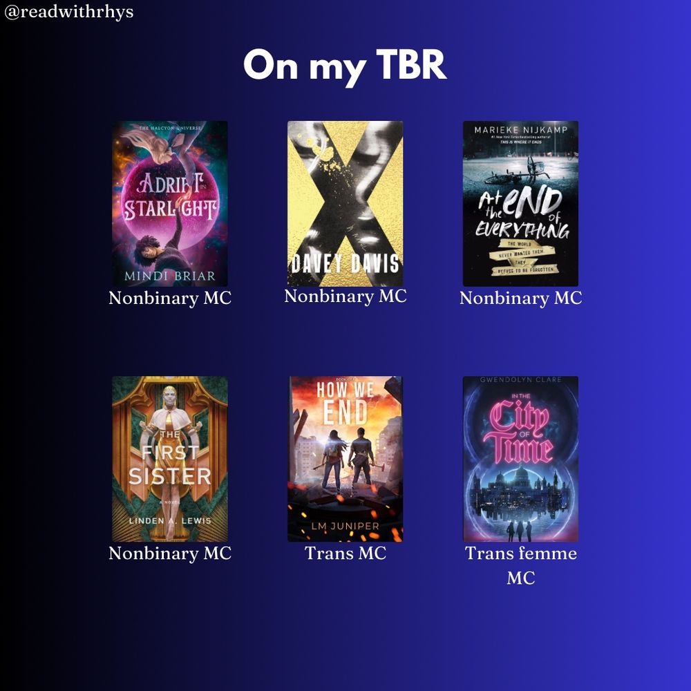 blue gradient background from dark blue-black to navy blue. “On my TBR” is i white block letters. Books- adrift in starlight (nonbinary mc), X (nonbinary mc), at the end of everything (nonbinary mc), the first sister (nonbinary mc), how we end (trans mc), in the city of time (trans femme mc) 