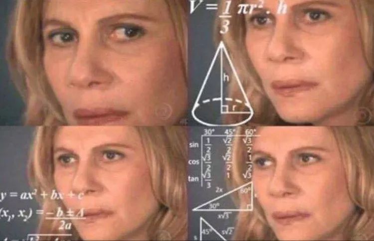 Close up of a lady looking confused and lot of math around her