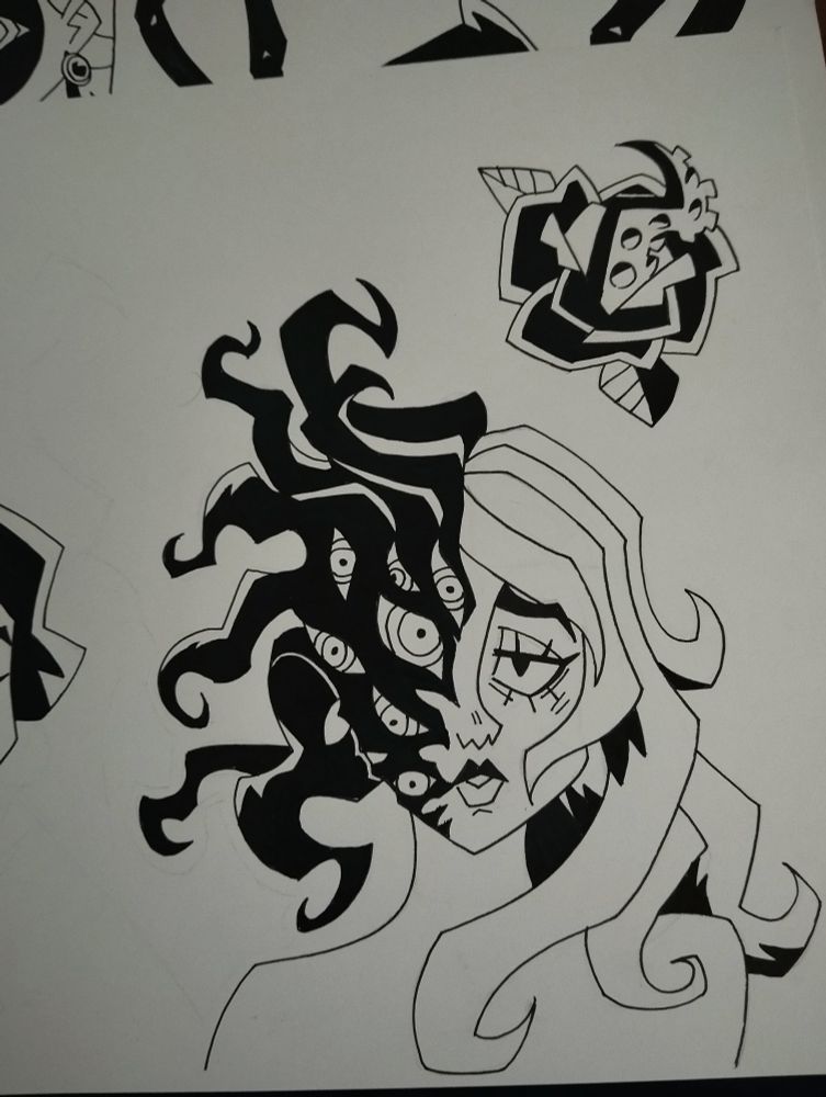 Bust of a girl, half of her face are Black tentacles and eyes