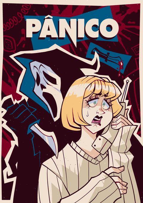 poster cartoon do filme "Pânico"
na imagem a personagem loira atendendo o telefone com medo e atrás dela o ghostface. o nome do filme acima "Pânico"
