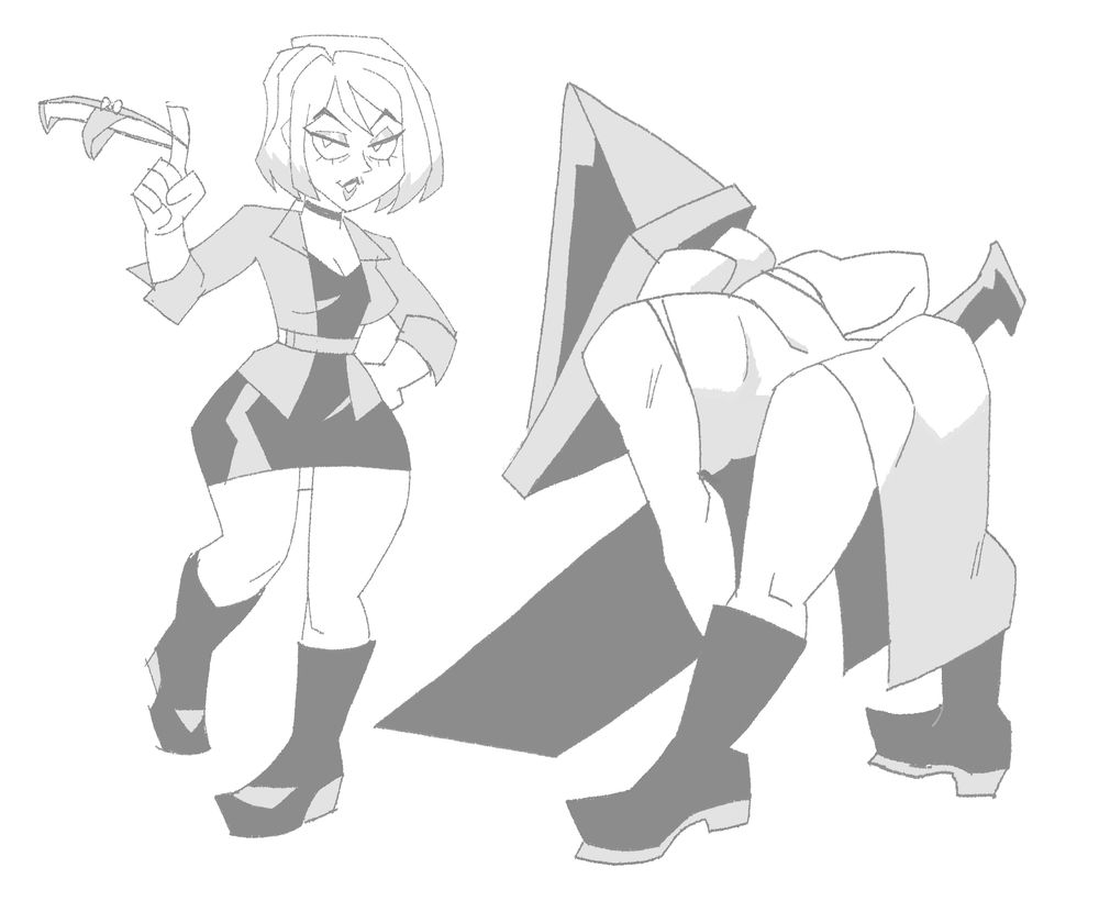 one sketch of maria from silent hill 2 spinning her panties with a finger, and one drawing of pyramid head showing his big butt