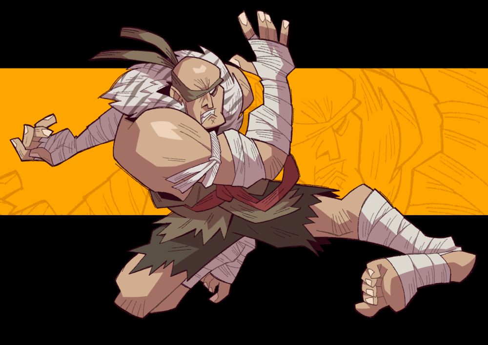 a cartoon drawing of sagat from SF6 doing a jump kick