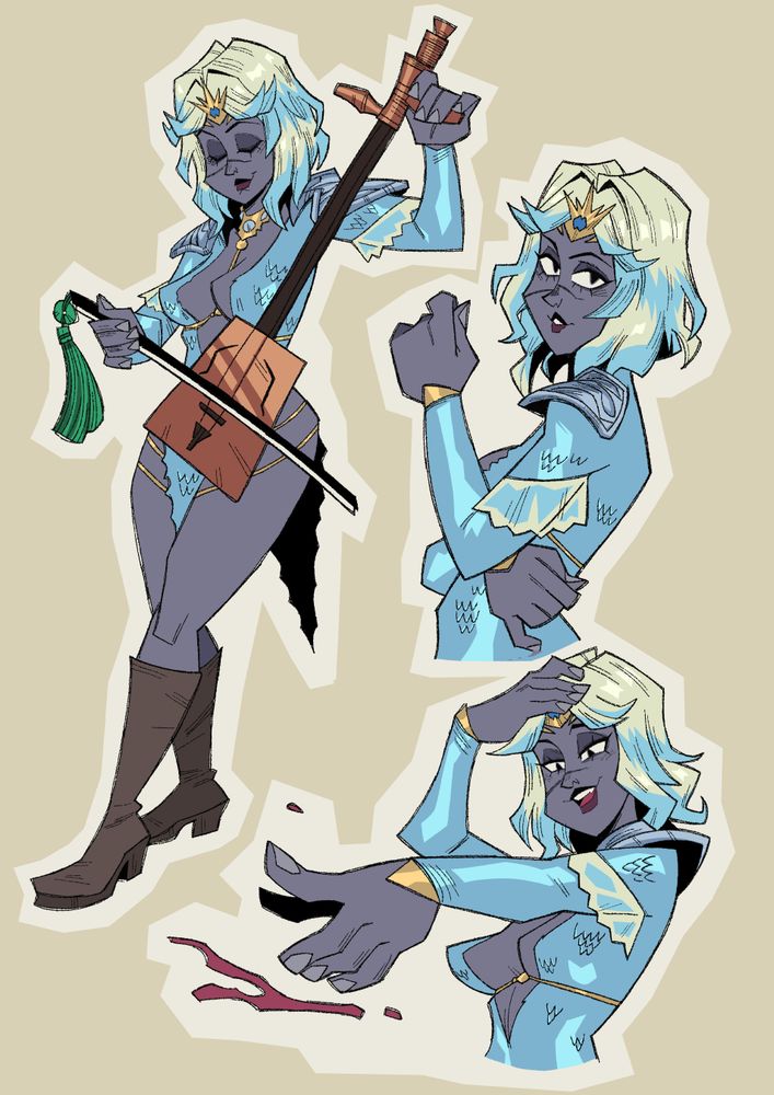 three drawings of a girl with grey skin, white/blue hair and a blue dress with scales.
in of the drawings she is playing a instrument with strings
