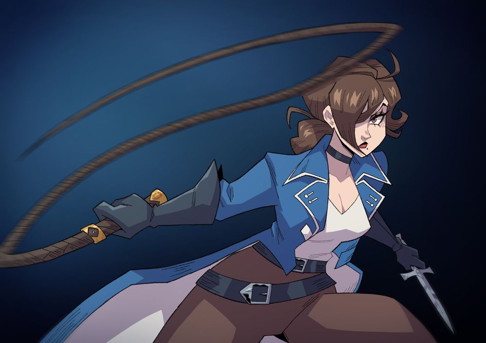 a drawing of julia belmont from castlevania nocturne. she is holding her sword and wip