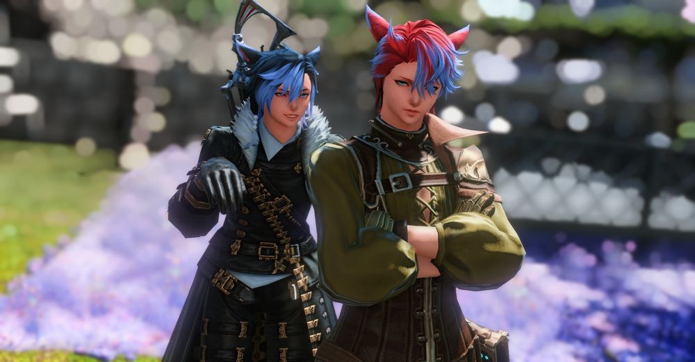 G'vigi, a black and blue-haired vier'te, being a menace behind his twin G'suni, a red and blue-haired vier'te