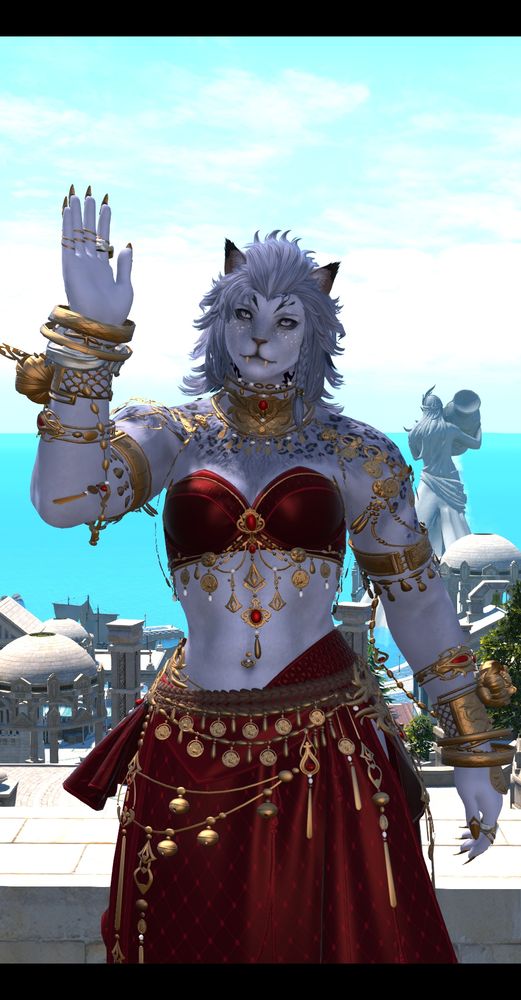 Brona, a grey hrothgar, wearing a red dancer's outfit, waving at the camera