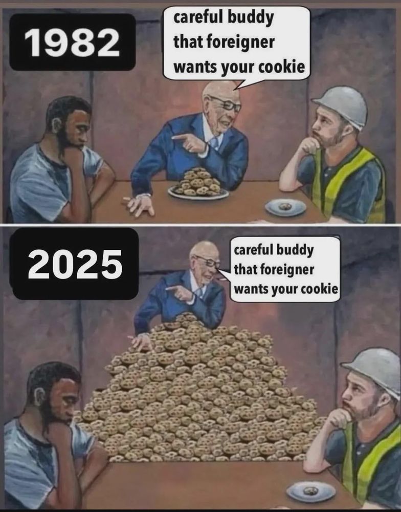 Cartoon-style illustration from 1982 shows Rupert Murdoch seated at a table with a massive pile of cookies in front of him. A working-class man sits beside him with only one cookie, while a third person, coded visually as an immigrant, is nearby. Murdoch says to the worker: “Careful, mate — that foreigner wants your cookie.” In the 2025 version, Murdoch sits atop a mountain of cookies and repeats the same line.