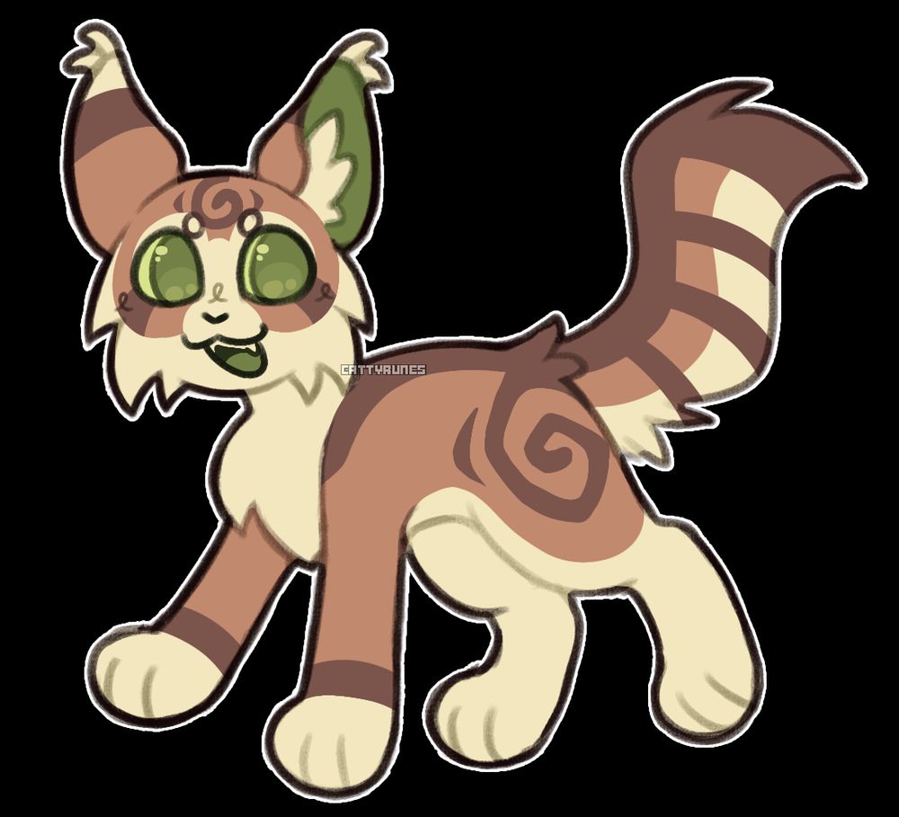 A chibi illustration of a warrior cats OC. They are brown and cream colored, with green eyes, mouth, and inner ears. They are smiling while looking at the viewer.