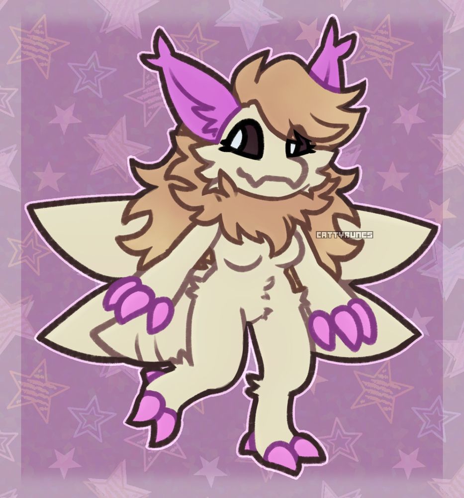 An anthro femme moth character is in front of a patterned pink background. She is primarily a light beige, with light brown hair and pink ears and claws. Her pose is relaxed, and she is smiling while standing.