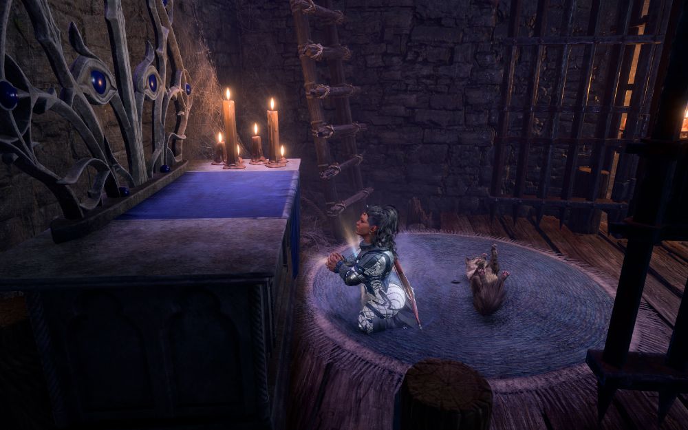 a dark-haired dwarven cleric in blue and white armor kneels in front of a Selunite altar in the temple in the underdark. Behind her, a greyish cat rolls on its back, paws in the air.