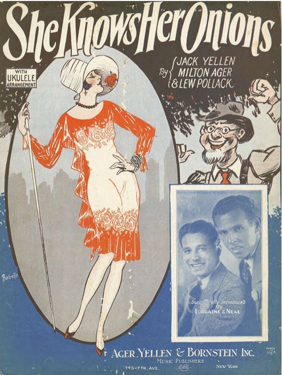 Sheet music for song called She Knows Her Onions. The illustration shows a woman dressed as a flapper being ogled by an old man.
