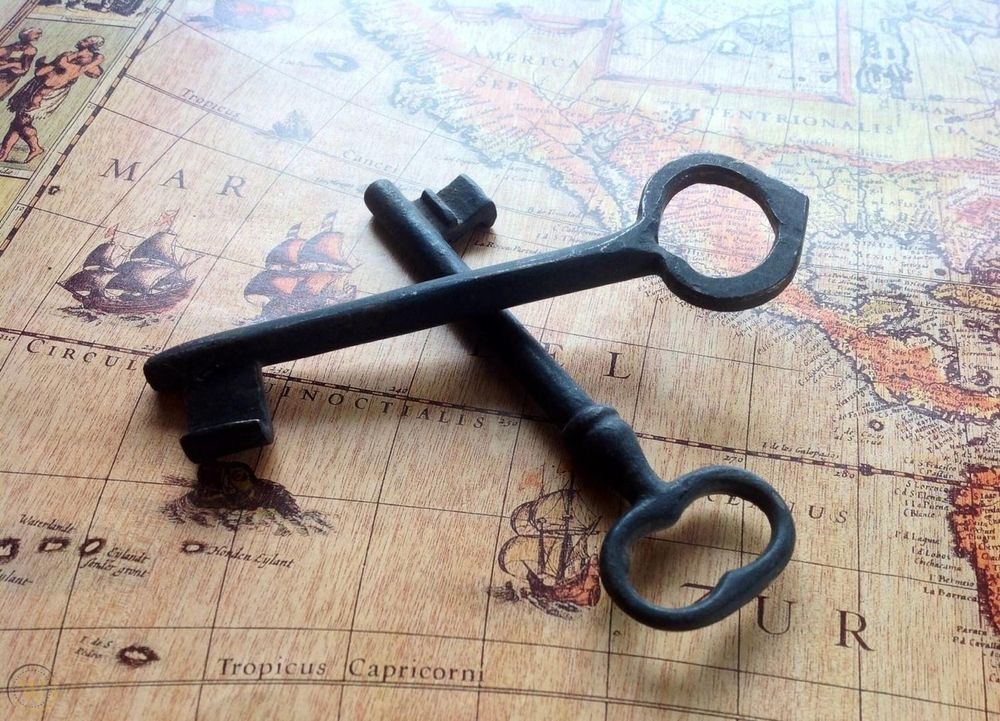 Two crossed metal keys lying on a map showing the west coast of North and Central America.