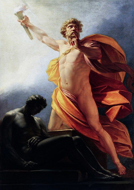 1817 painting of Prometheus holding a smoking torch aloft in a heroic pose. A human figure - of dark rock or clay, lacking life and animation - sits slumped next to him.