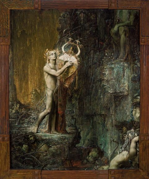 Painting of Orpheus in Hades - crowned with laurel and playing his lyre - against a sheer and gloomy cliff face.