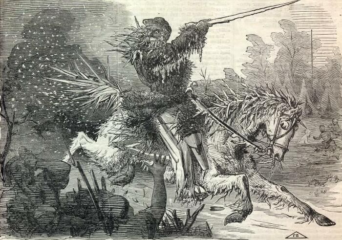 An 19th century image of Jack Frost - depicted as a general during the American Civil War - covered in spikes of ice and riding a spiky horse.