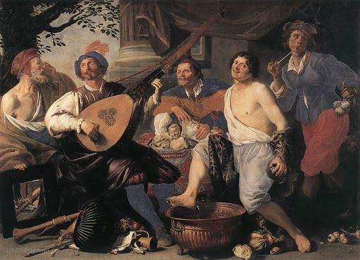 Painting showing five men enjoying a good time in a classical setting. One is playing a lute; there are bagpipes on the floor.