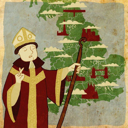 Cartoon of St Swithun in bishops robes in front of a weather map of Britain.